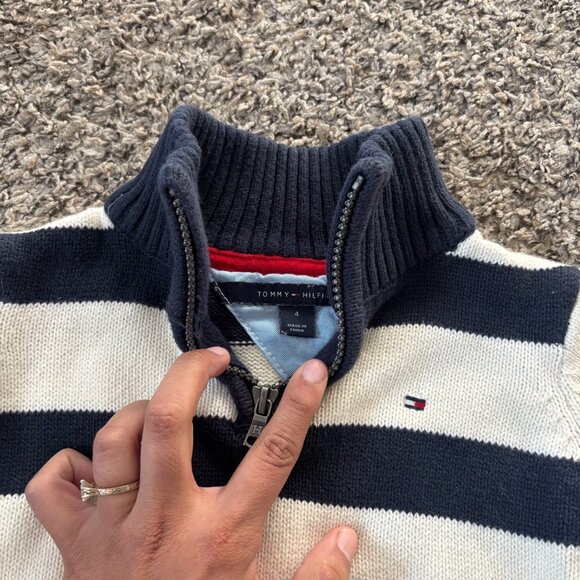 Tommy Hilfiger Kid 4 Navy & White Striped Half-Zip Knit Sweater - Picture 3 of 6